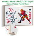 Natural wood framed softball canvas wall art with vibrant player artwork and a close-up of the frame