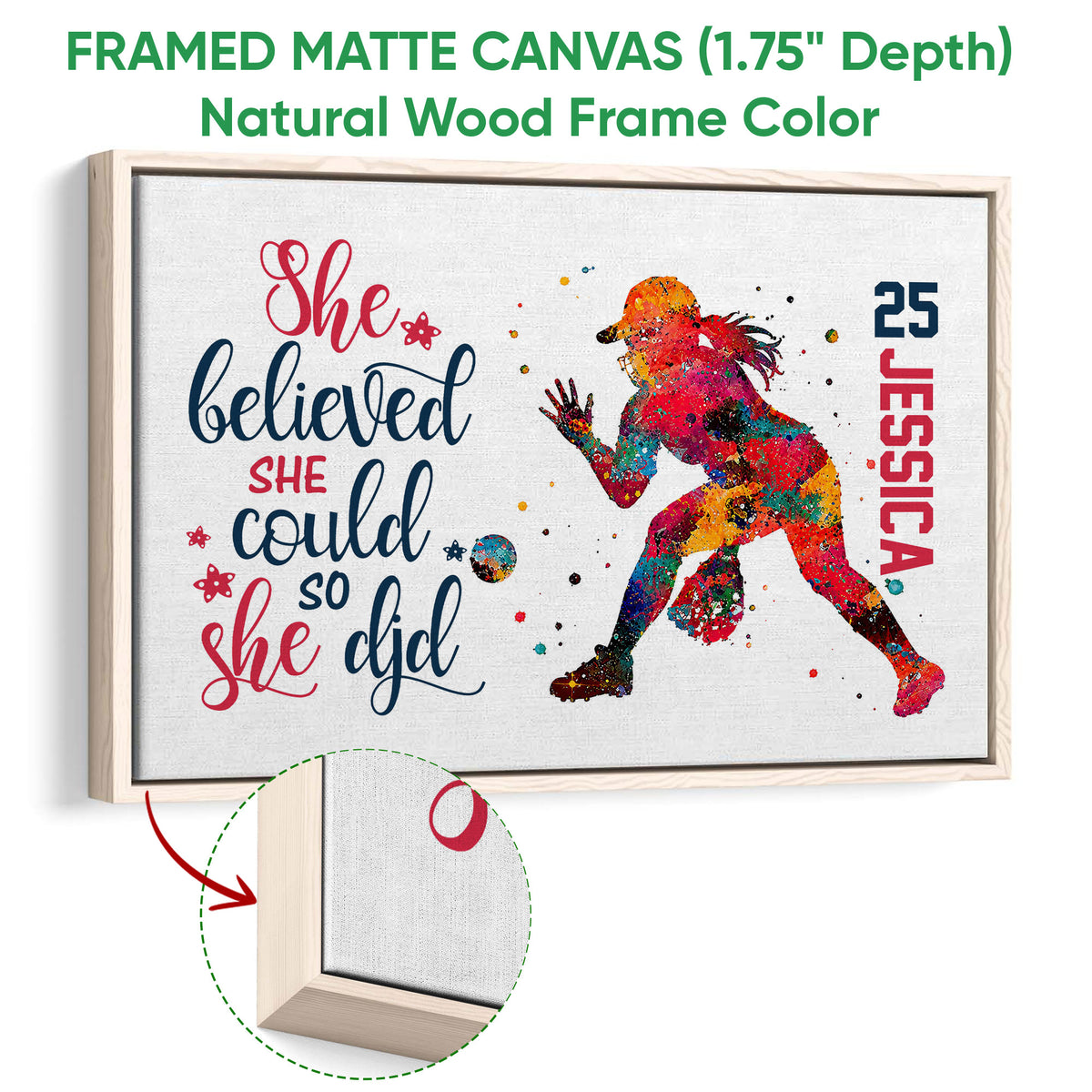 Natural wood framed softball canvas wall art with vibrant player artwork and a close-up of the frame