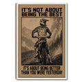 Framed motocross wall art showing a dirt bike rider on a mountain trail with a motivational message