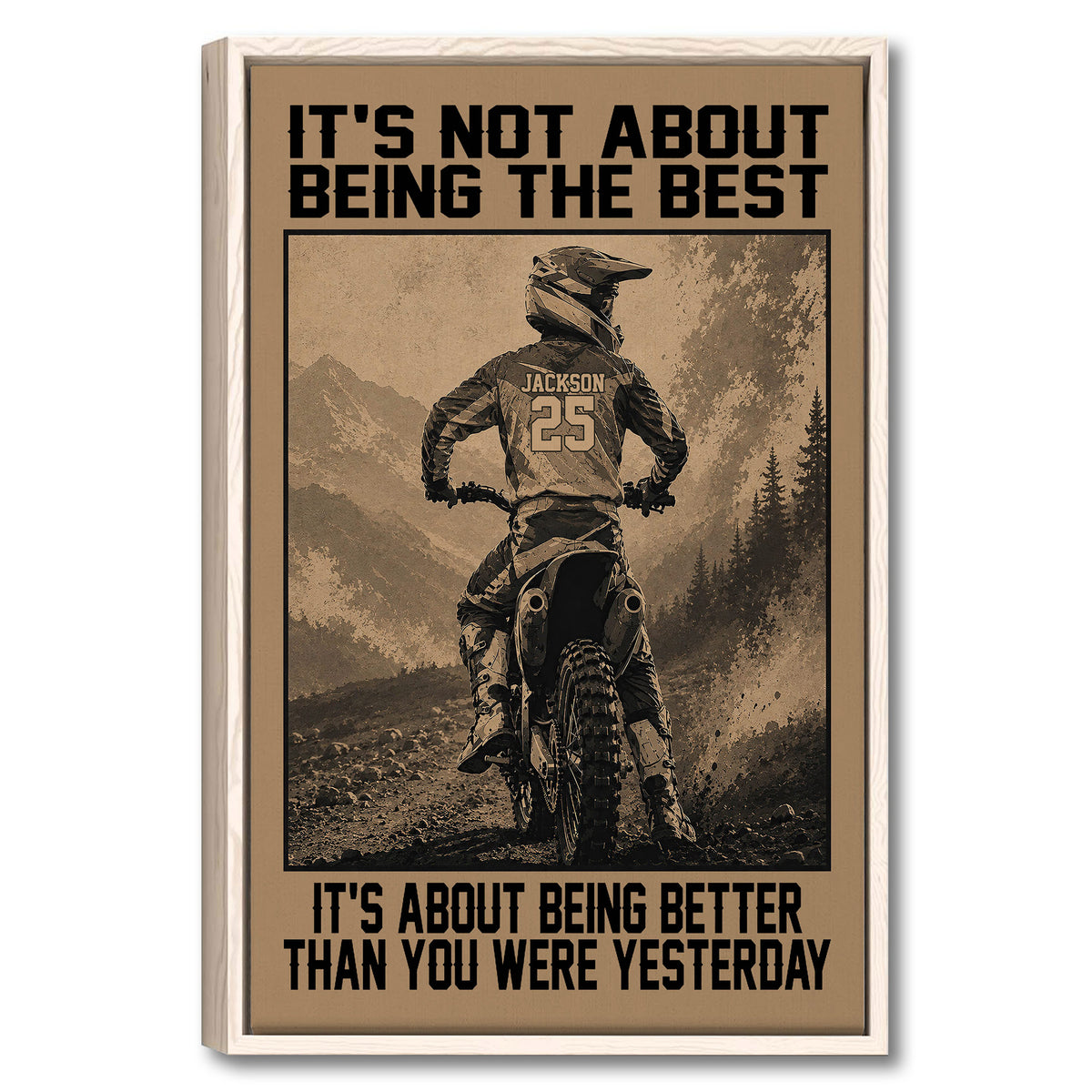 Framed motocross wall art showing a dirt bike rider on a mountain trail with a motivational message