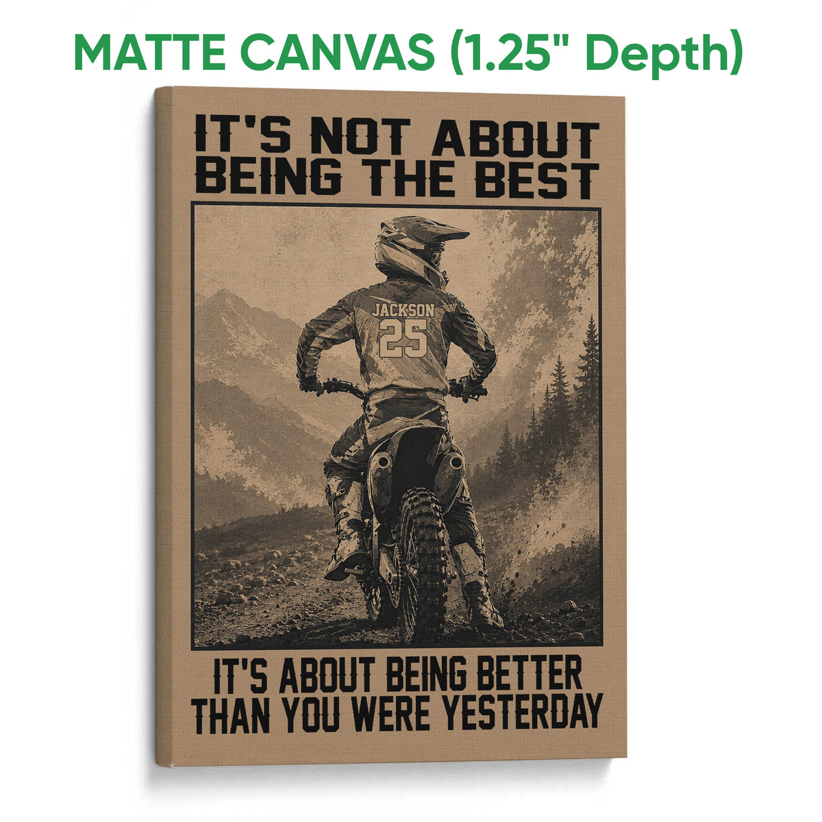 Matte canvas motocross wall art featuring a helmeted dirt bike rider and dramatic mountain scenery