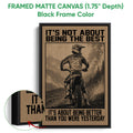 Framed motocross canvas wall art shown with a black frame and close-up of the canvas edge
