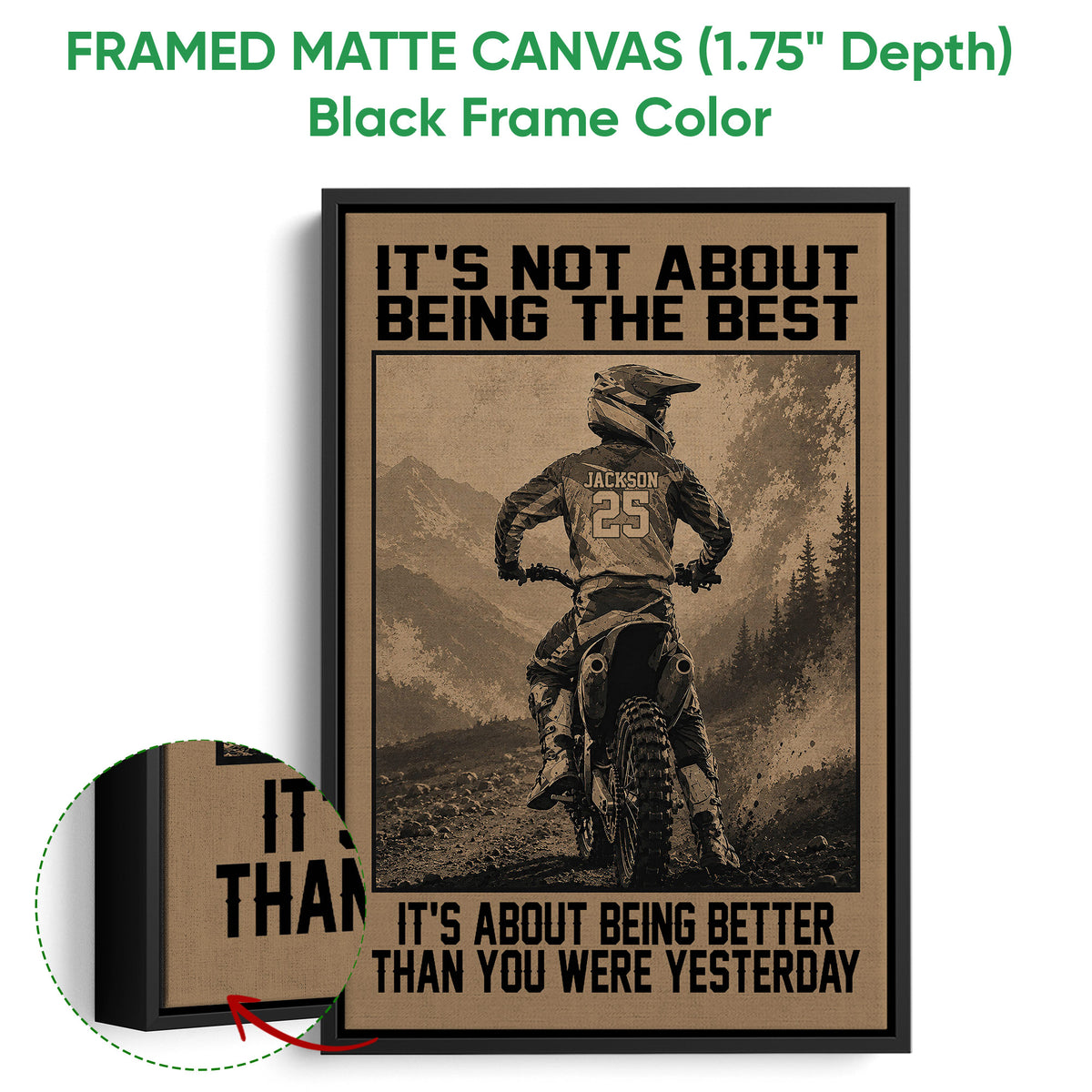 Framed motocross canvas wall art shown with a black frame and close-up of the canvas edge