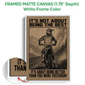 Framed motocross canvas wall art shown with a white frame and close-up of the framed edge