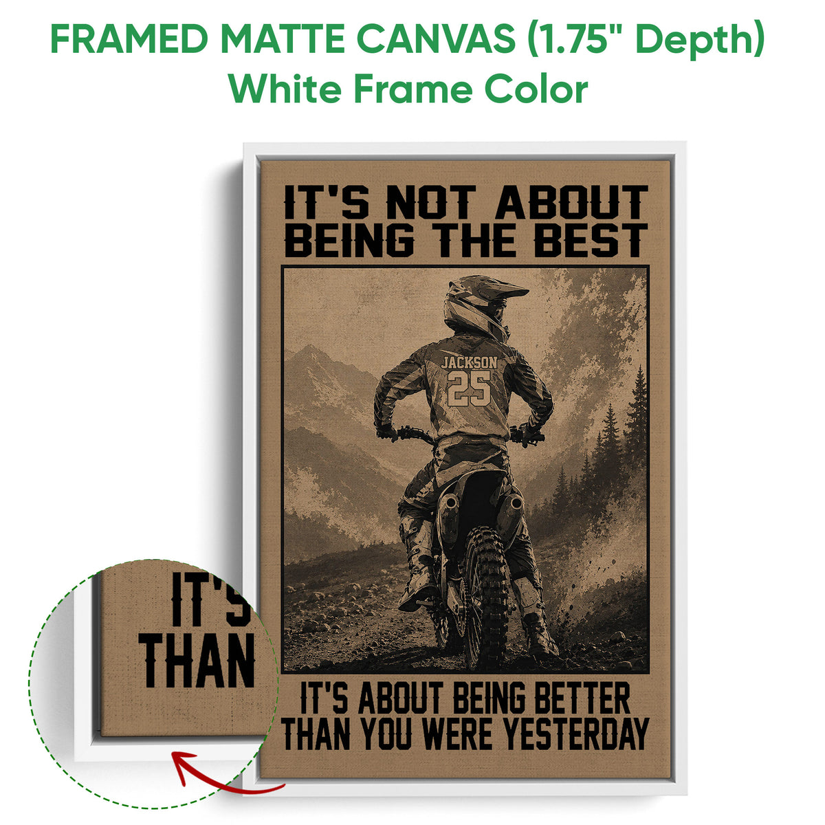 Framed motocross canvas wall art shown with a white frame and close-up of the framed edge