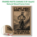 Framed motocross canvas wall art shown with a natural wood frame and close-up of the frame detail
