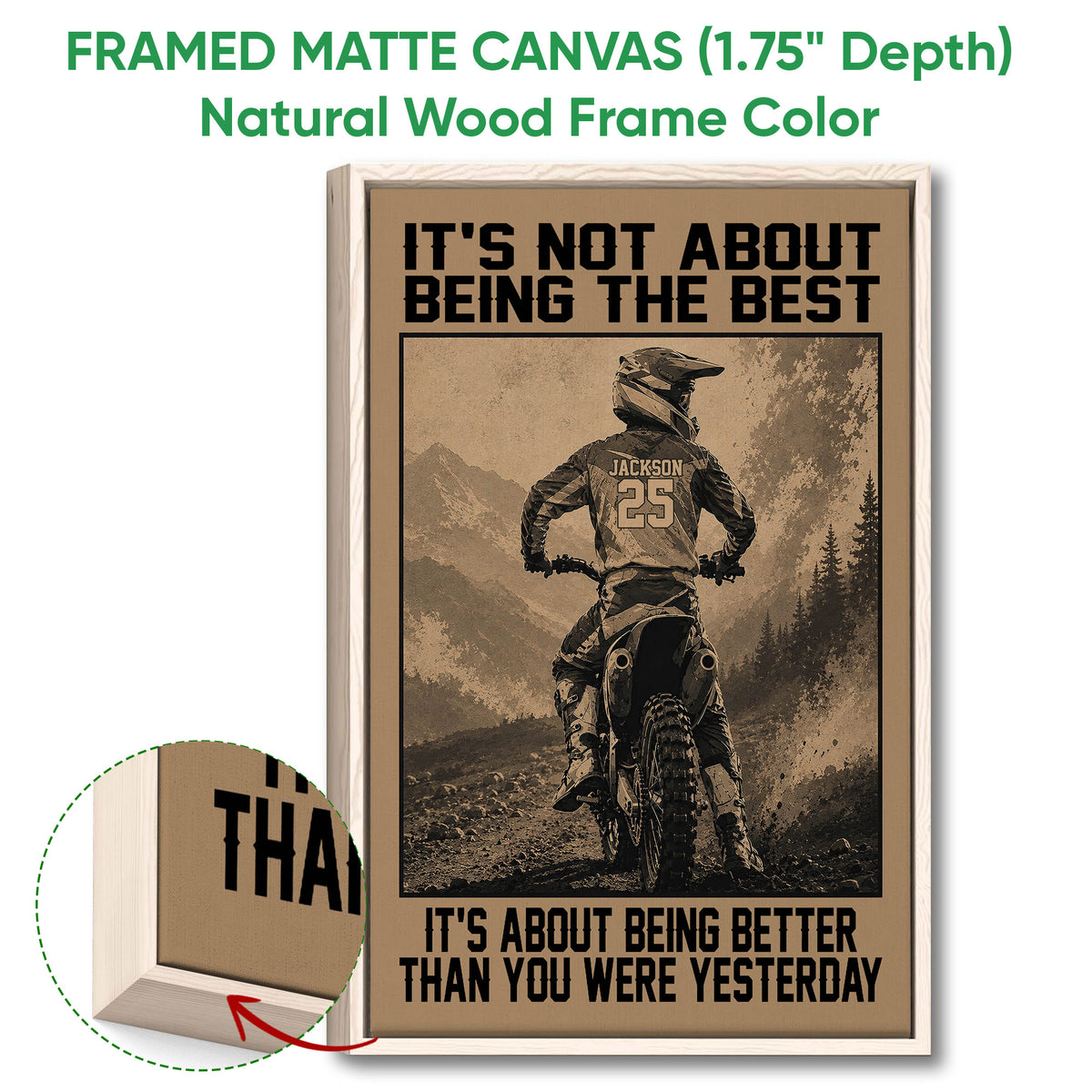 Framed motocross canvas wall art shown with a natural wood frame and close-up of the frame detail