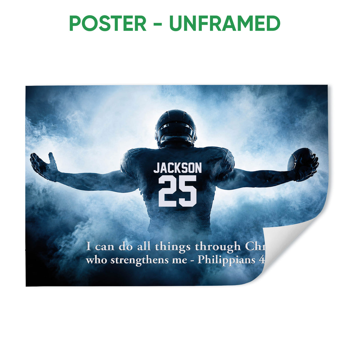 Unframed football poster featuring a player against a dramatic blue smoky background
