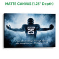 Matte canvas football wall art with a deep blue smoky background and inspirational message