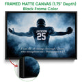 Framed matte canvas football wall art shown with a black frame and blue sports artwork