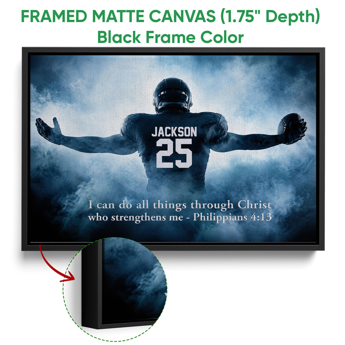 Framed matte canvas football wall art shown with a black frame and blue sports artwork