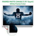 Framed matte canvas football wall art shown with a white frame and inspirational sports design