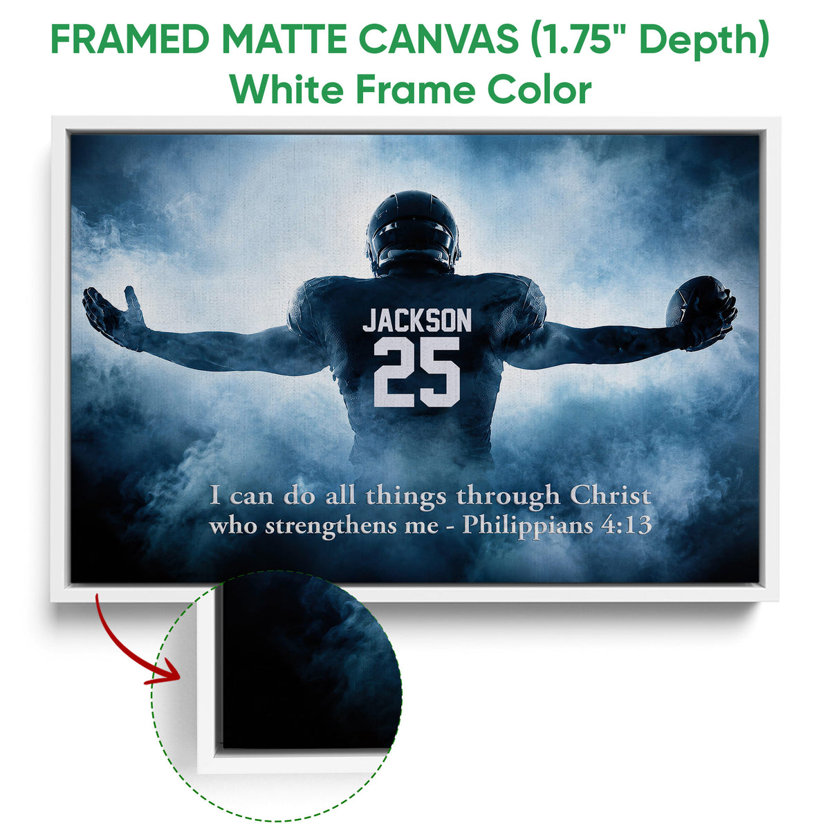 Framed matte canvas football wall art shown with a white frame and inspirational sports design