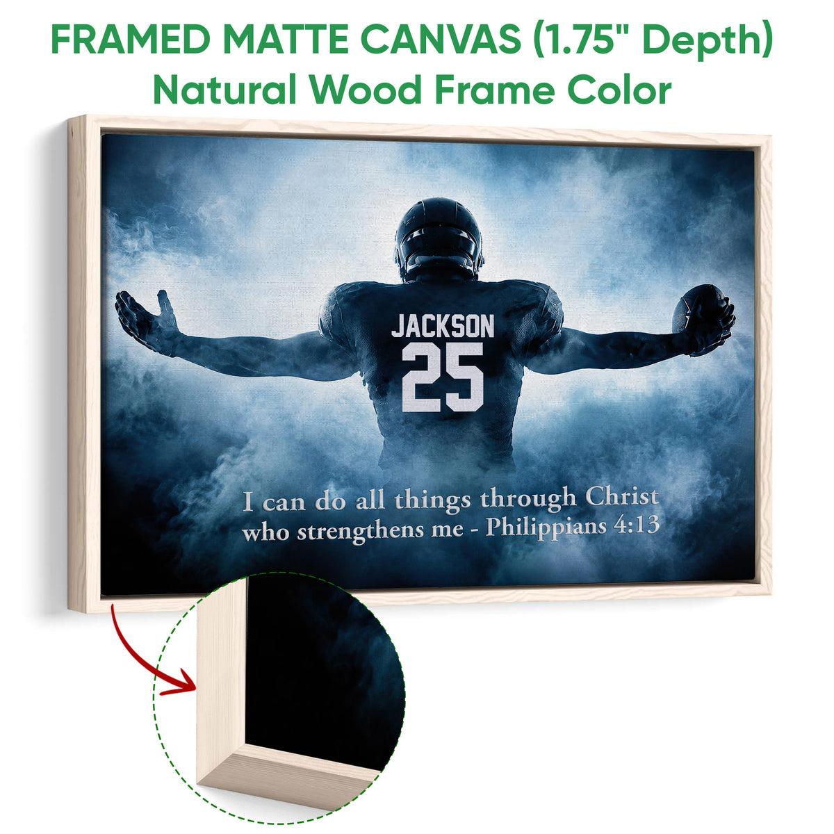 Framed matte canvas football wall art shown with a natural wood frame