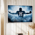 Football wall art displayed in a bright home interior with white wood paneling