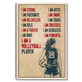 Framed volleyball wall art with a female player holding a ball and bold red and navy motivational typography