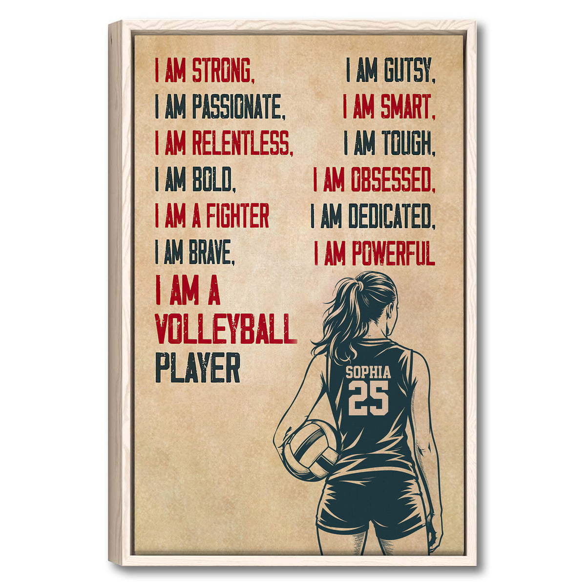 Framed volleyball wall art with a female player holding a ball and bold red and navy motivational typography
