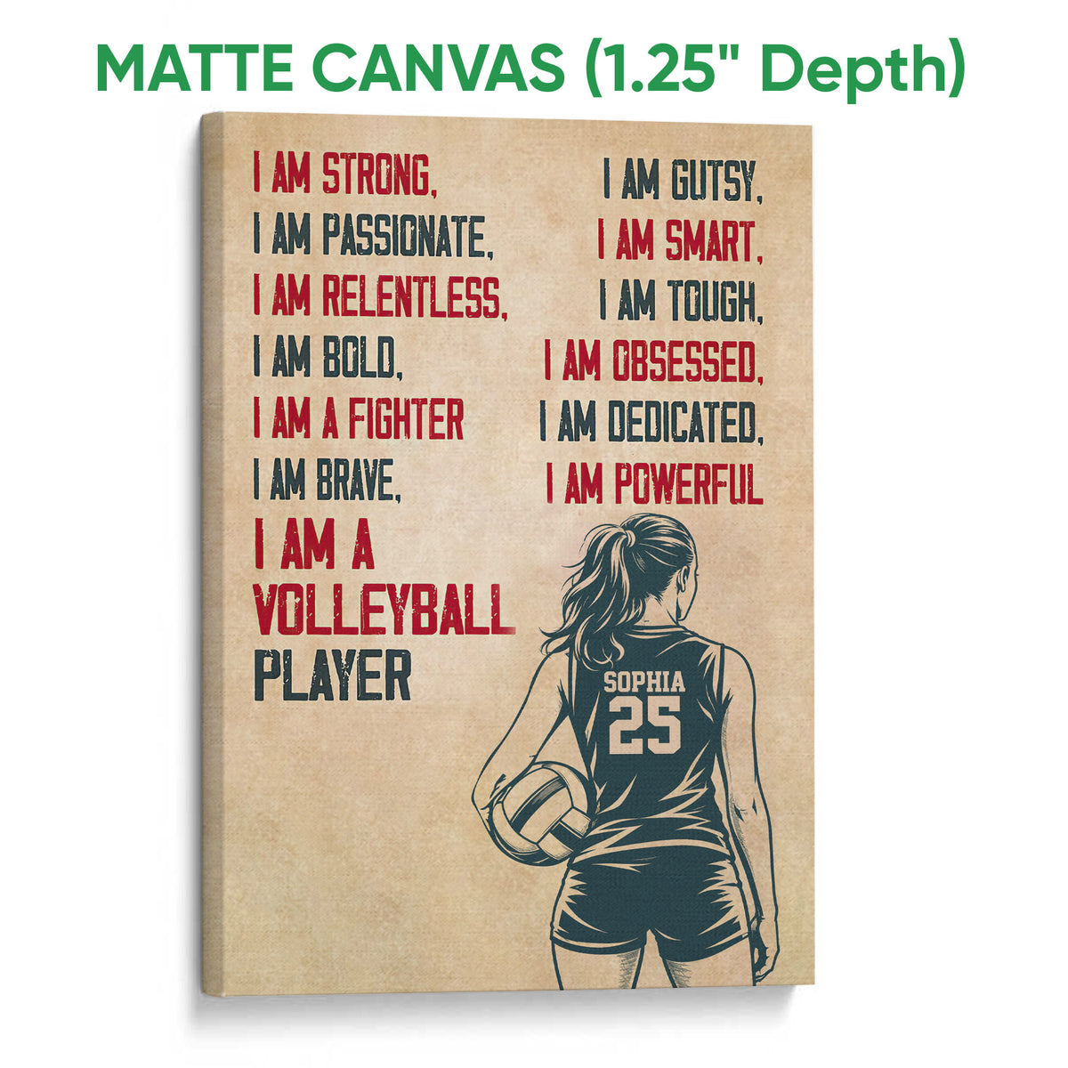 Matte canvas volleyball wall art featuring a female player and vintage-inspired motivational design