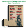 Black framed volleyball canvas with a female player and bold red and navy inspirational lettering