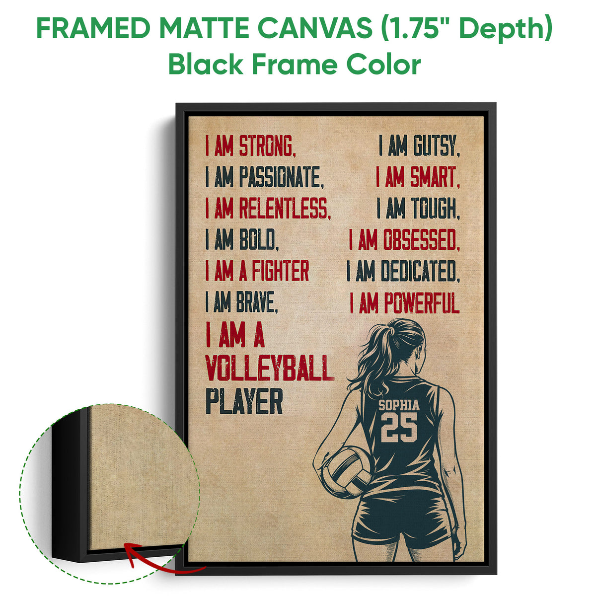 Black framed volleyball canvas with a female player and bold red and navy inspirational lettering