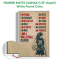 White framed volleyball canvas featuring a female player, volleyball, and distressed motivational typography