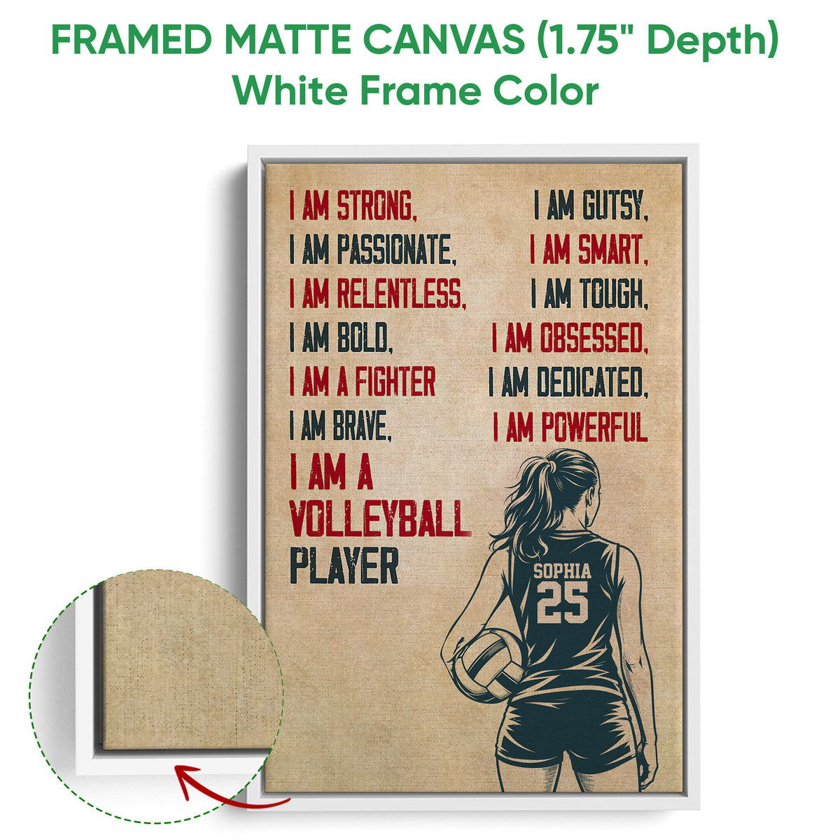 White framed volleyball canvas featuring a female player, volleyball, and distressed motivational typography