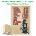 Natural wood framed volleyball wall art with a female player and vintage-inspired sports design