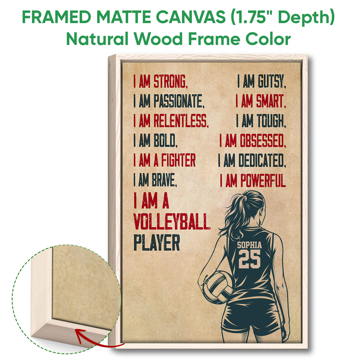 Natural wood framed volleyball wall art with a female player and vintage-inspired sports design