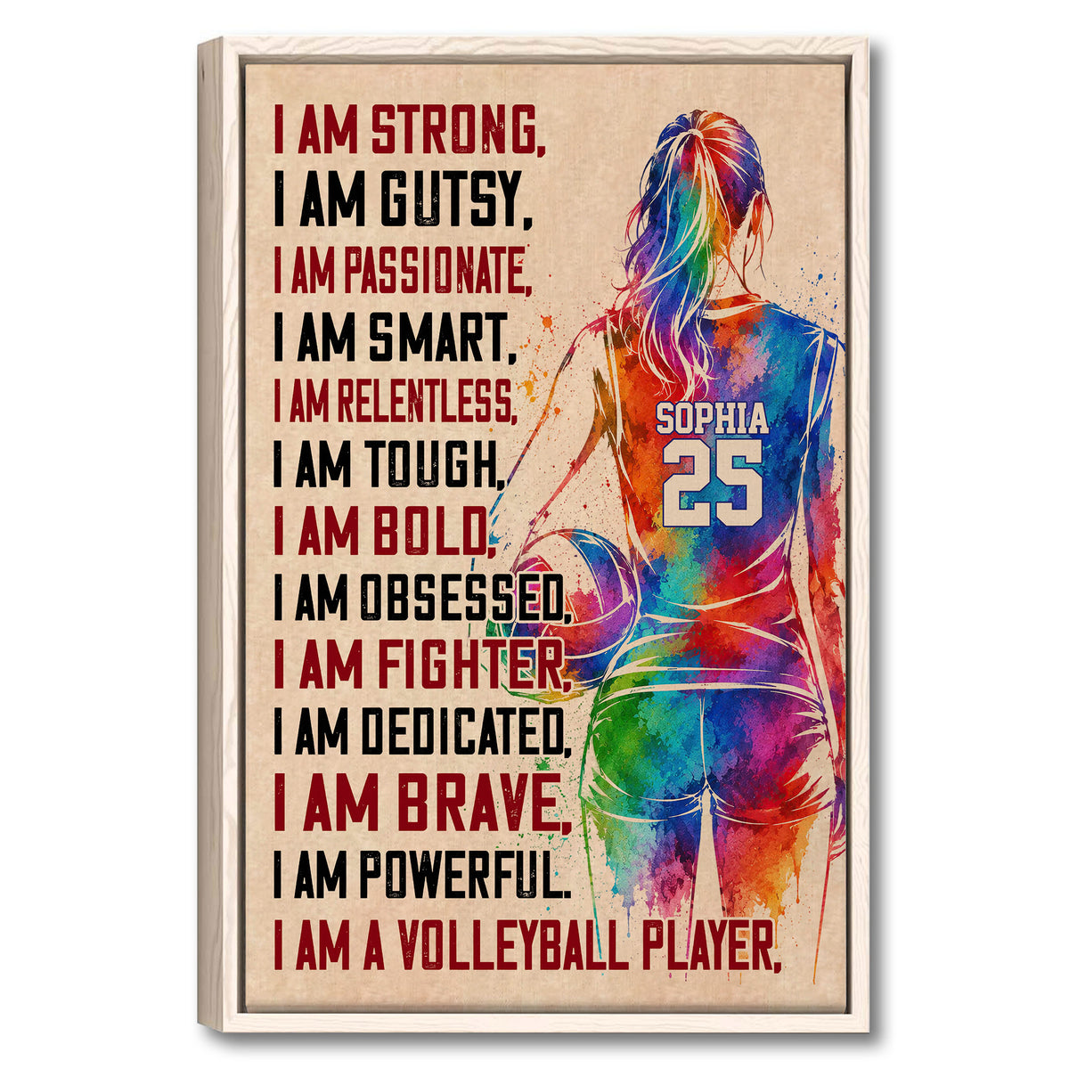 Framed volleyball wall art with a colorful female player silhouette and bold motivational design