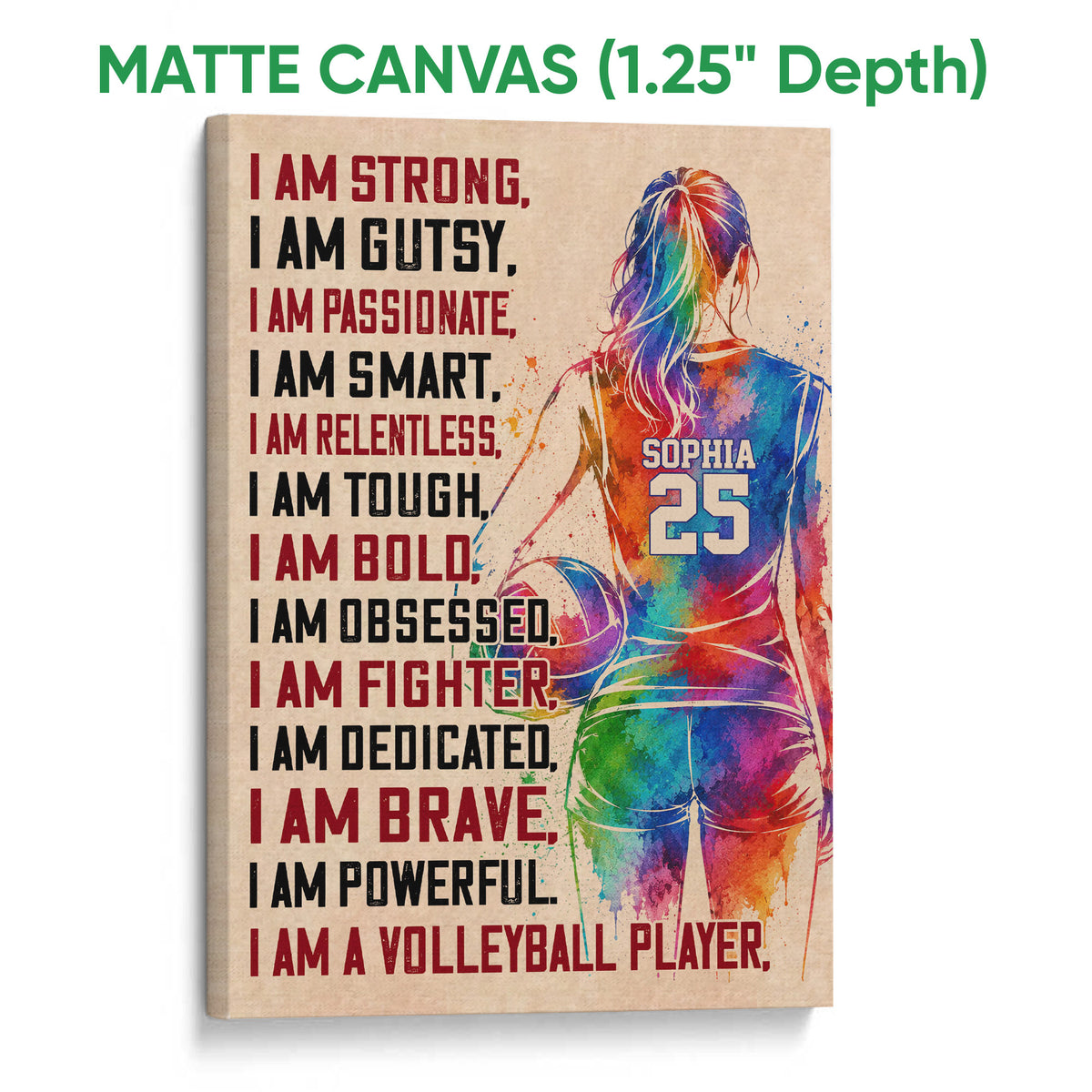 Matte canvas volleyball wall art featuring a vibrant player silhouette and motivational sports design