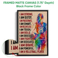 Black framed canvas volleyball wall art with a colorful player silhouette and close-up canvas detail