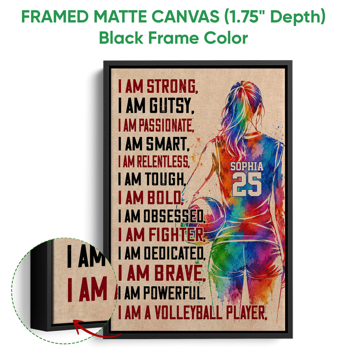 Black framed canvas volleyball wall art with a colorful player silhouette and close-up canvas detail