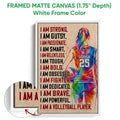 White framed canvas volleyball wall art with vibrant artwork and close-up frame detail