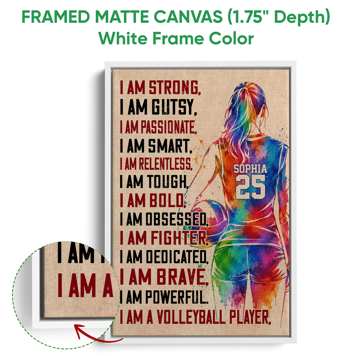 White framed canvas volleyball wall art with vibrant artwork and close-up frame detail