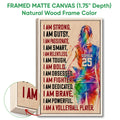 Natural wood framed volleyball wall art with colorful player artwork and close-up wood frame detail
