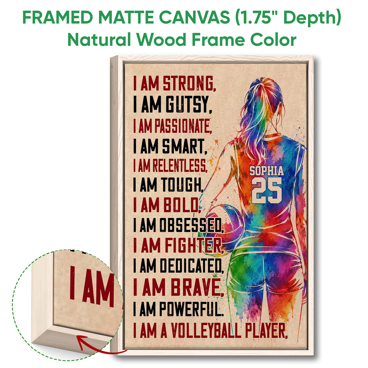 Natural wood framed volleyball wall art with colorful player artwork and close-up wood frame detail
