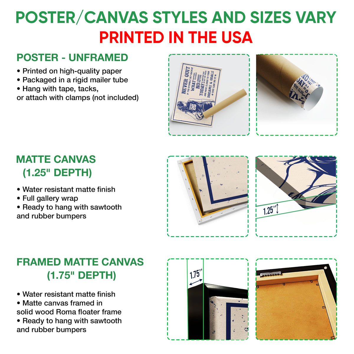 Volleyball wall art option guide showing unframed poster, matte canvas, and framed canvas formats
