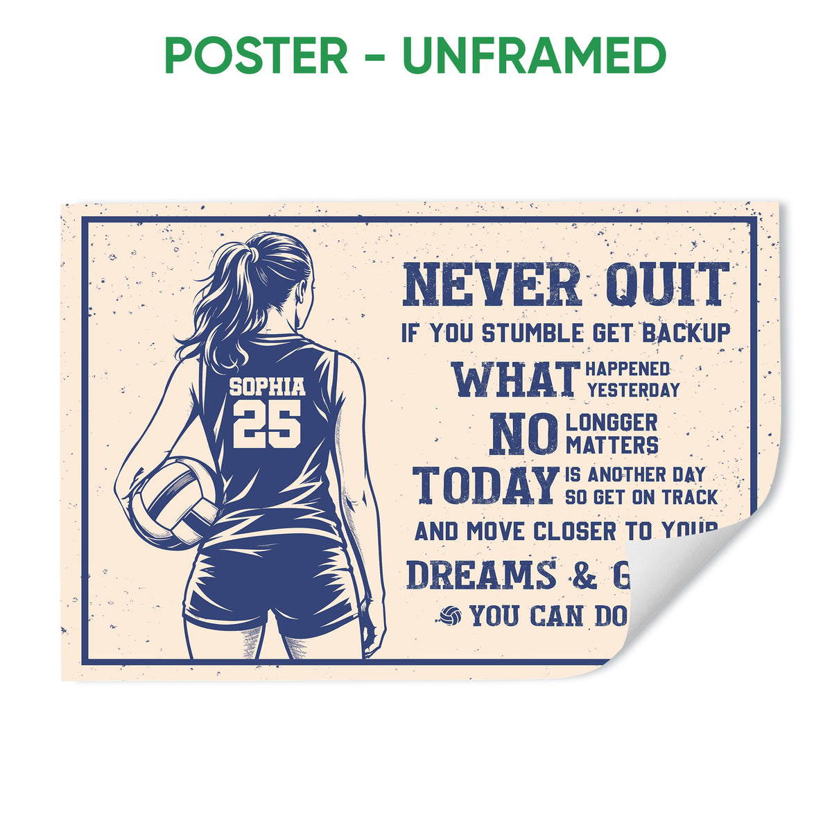 Unframed volleyball poster featuring a female player, volleyball, blue typography, and motivational message