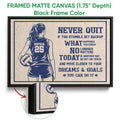 Black framed volleyball canvas wall art with a player illustration and motivational sports message