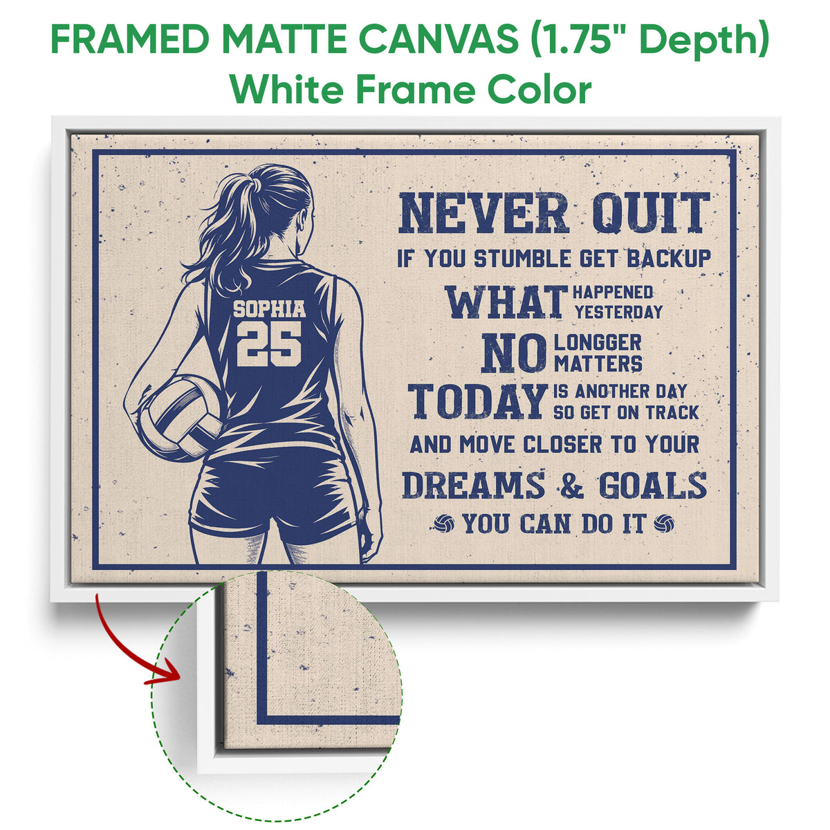 White framed volleyball canvas wall art featuring a female player and blue motivational typography