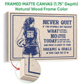 Natural wood framed volleyball canvas wall art with a player illustration and inspirational sports design