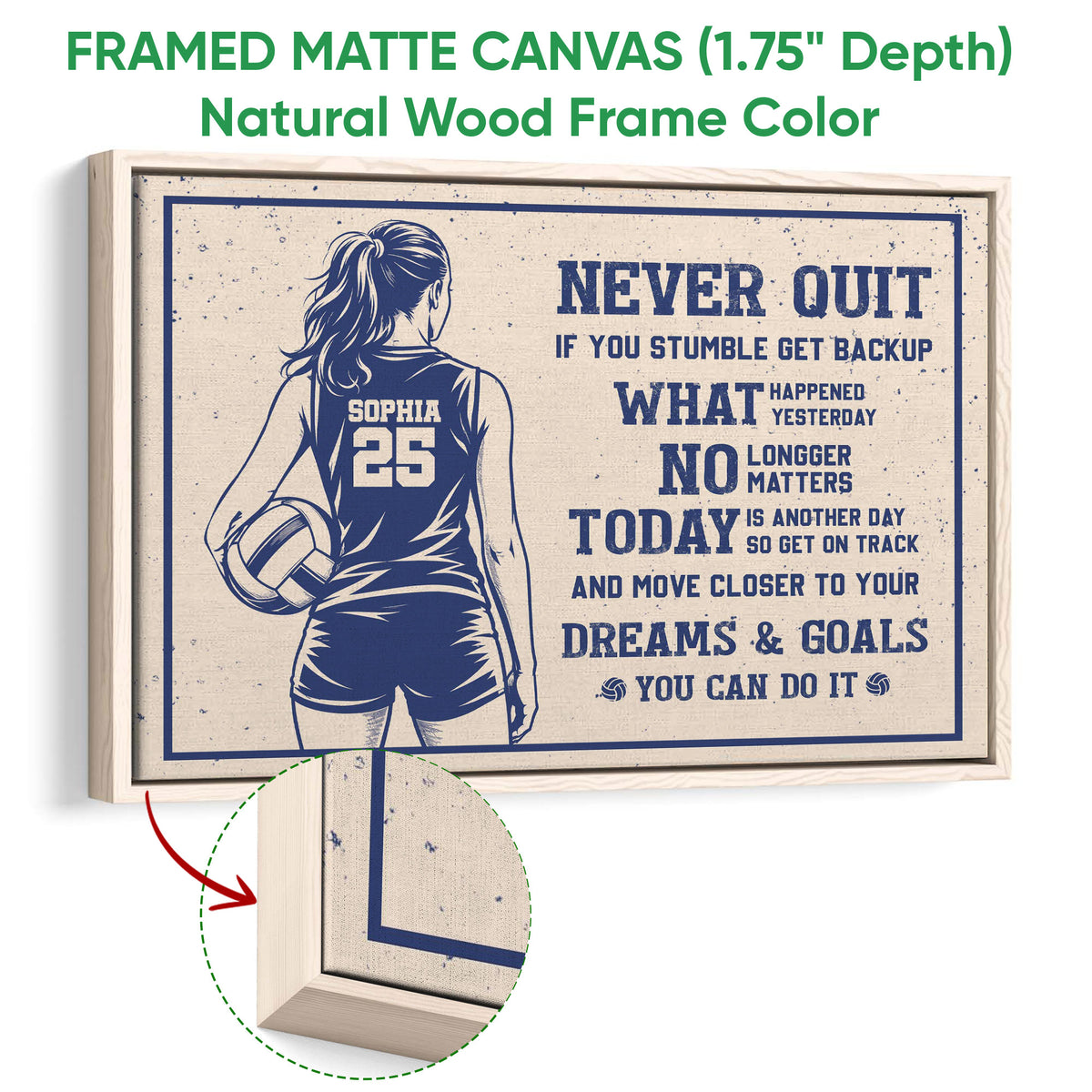 Natural wood framed volleyball canvas wall art with a player illustration and inspirational sports design
