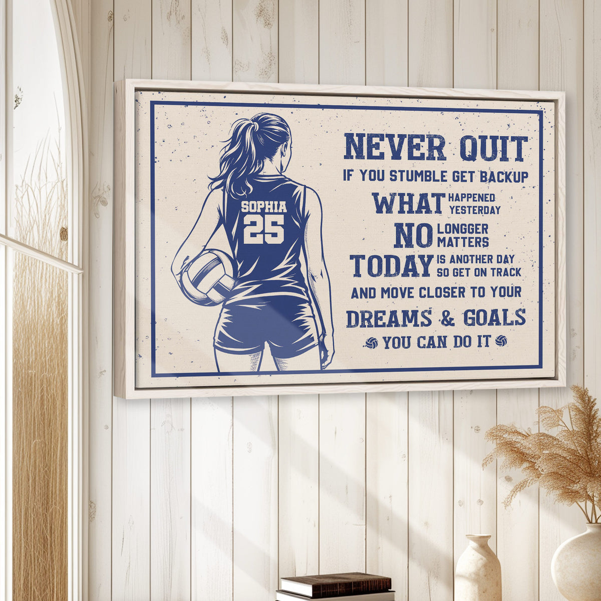 Volleyball wall art displayed in a bright room on a white wood-paneled wall