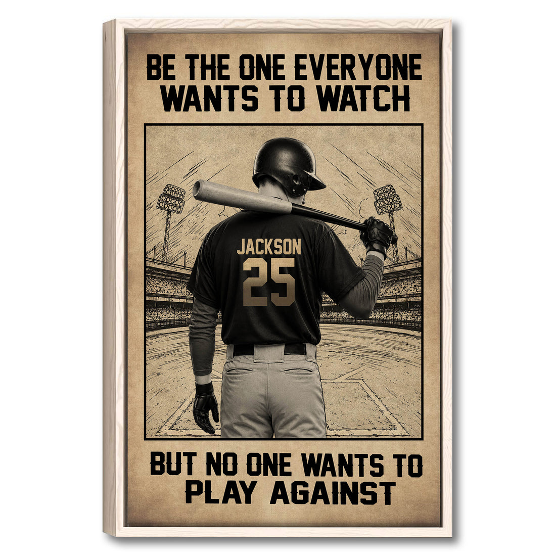 Framed baseball wall art featuring a batter in a stadium with bold vintage-inspired typography