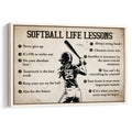 Framed softball wall art featuring a vintage-style player illustration and motivational life lessons