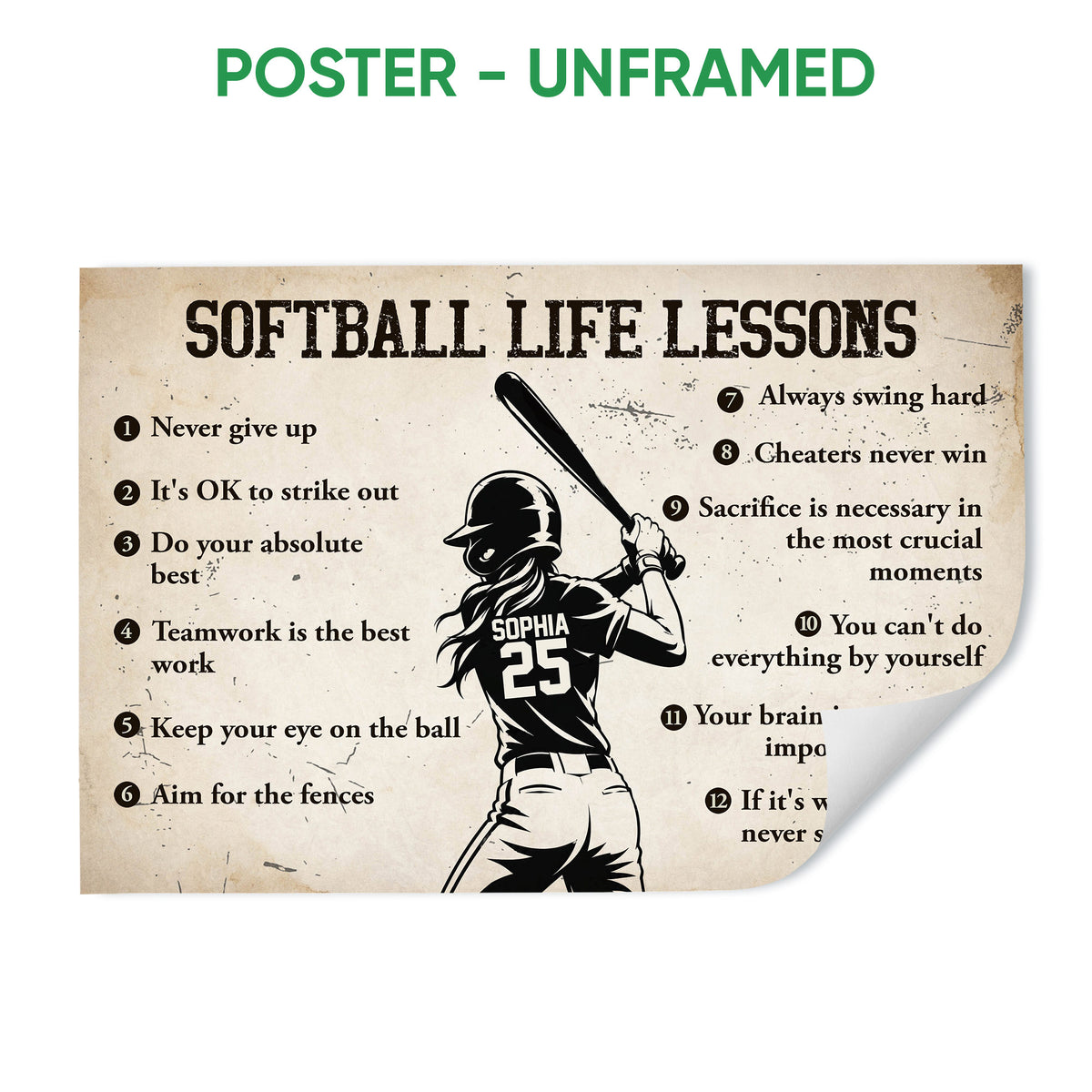 Unframed softball poster with a vintage player illustration and motivational sports message