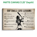 Matte canvas softball wall art featuring a batter and numbered life lessons