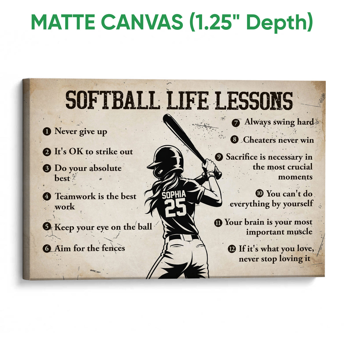 Matte canvas softball wall art featuring a batter and numbered life lessons