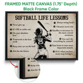 Black framed canvas softball wall art with a vintage player illustration and motivational message