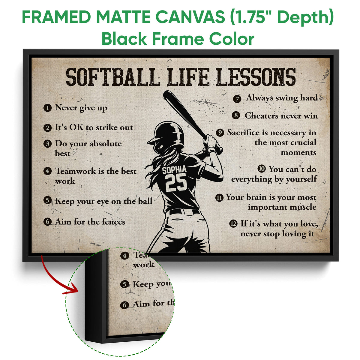 Black framed canvas softball wall art with a vintage player illustration and motivational message